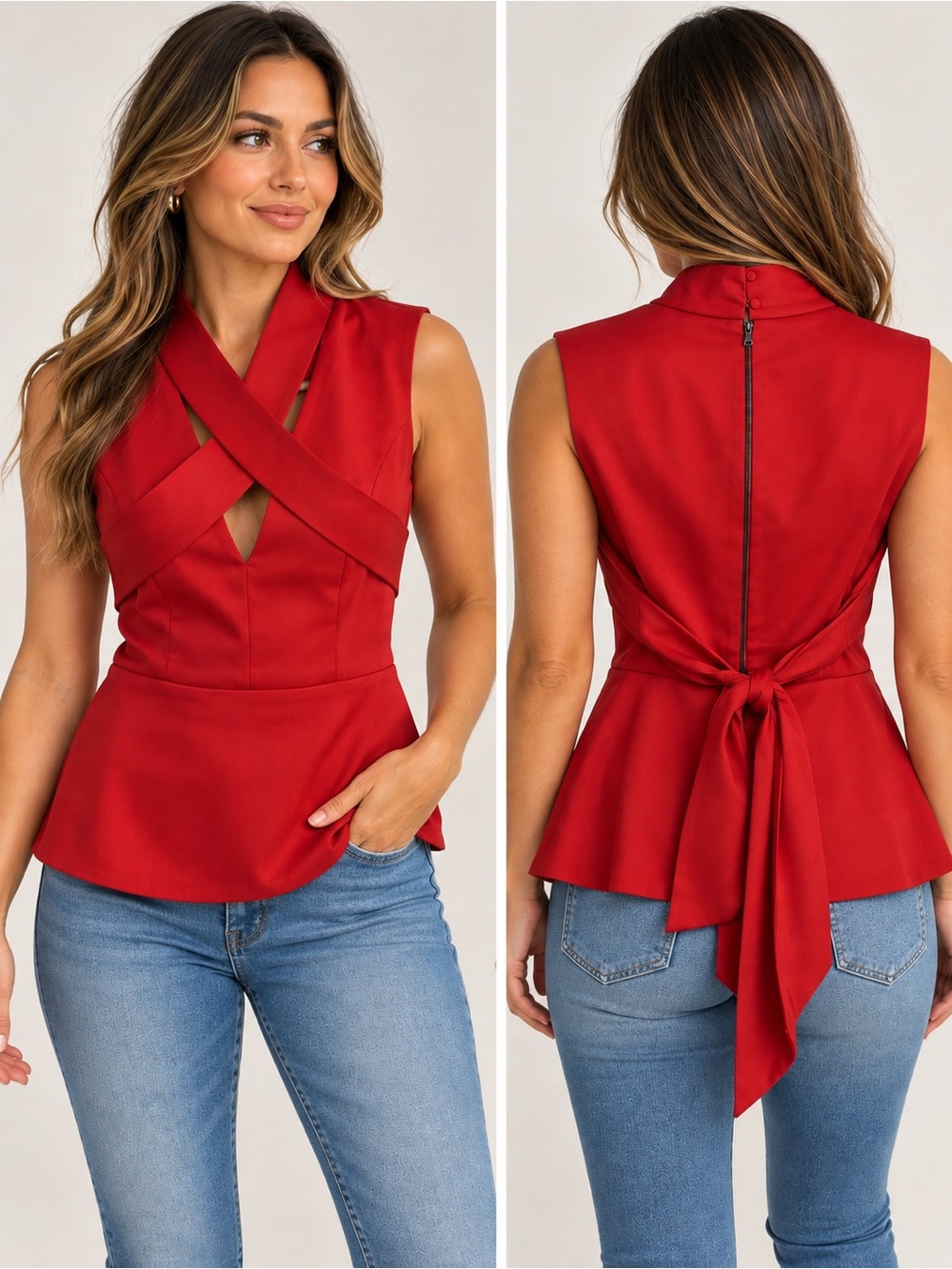 BCBGMaxAzria Red Sleeveless Peplum Top with Cross-Front Detail